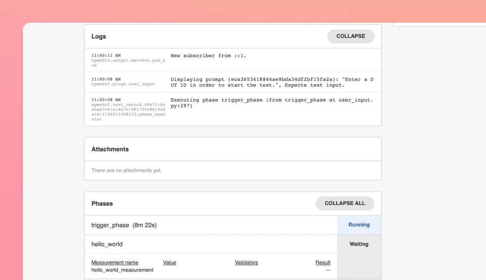 Operator UI section showing test phases, attachments, and log output