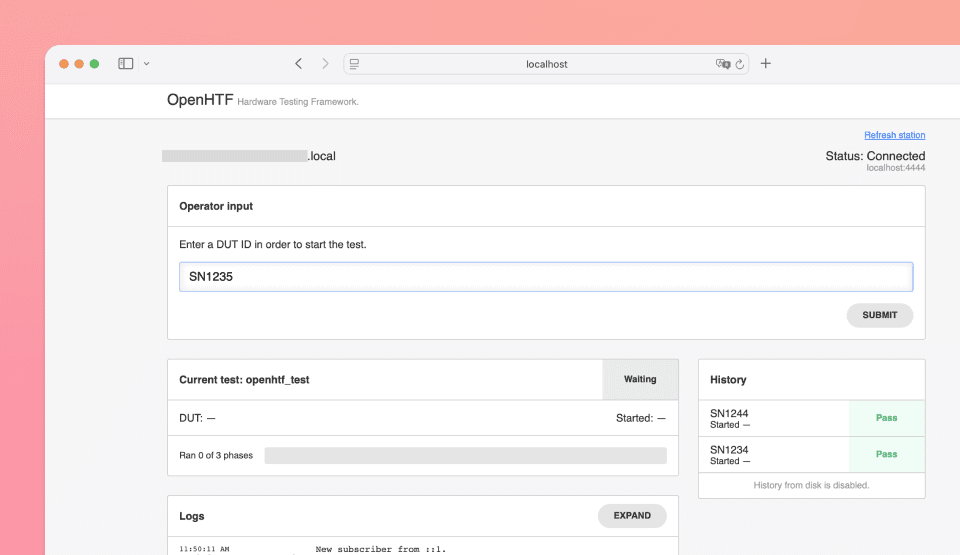 Operator UI prompting user to enter a serial number before test start